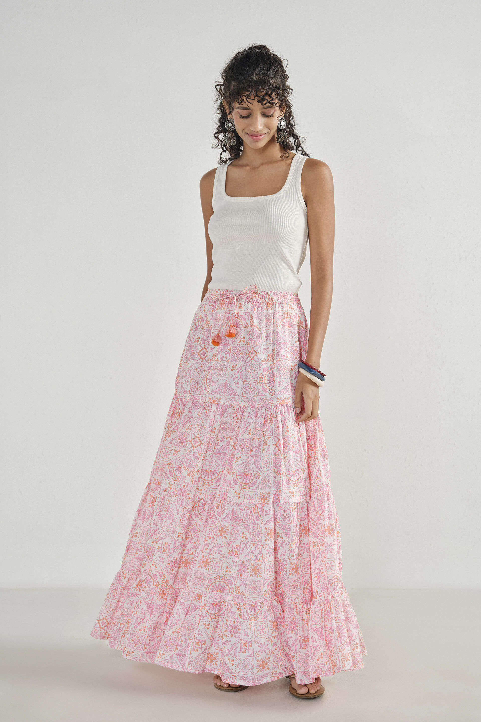 Printed Tiered Skirt in Pink, Pink, image 2